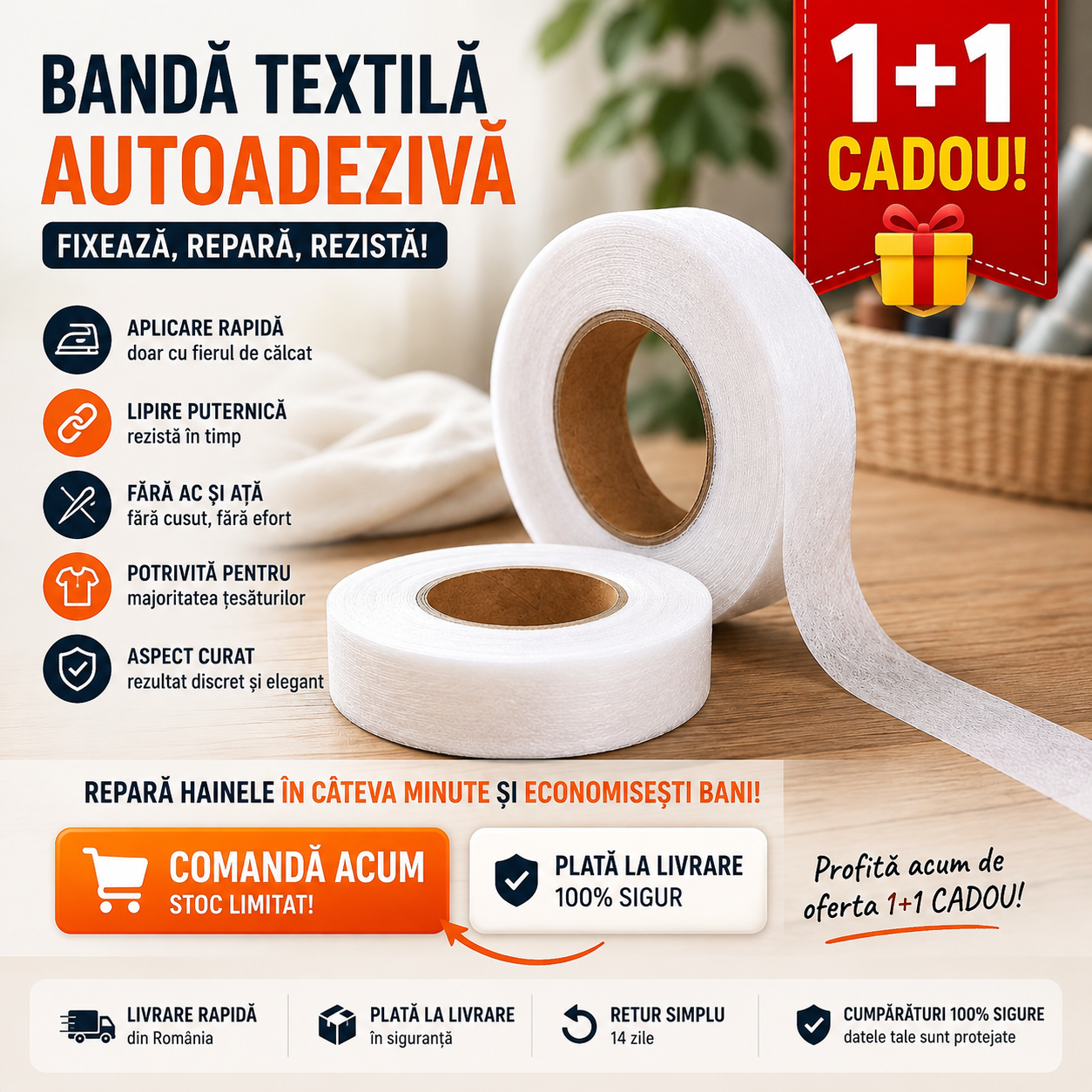 1+1 🎁 Bandă Textilă Termoadezivă