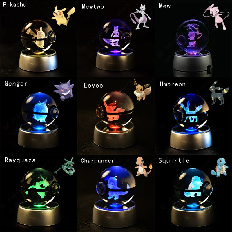 Pokemon Crystal Ball 3D Pikachu Mewtwo Mew Gengar Night Light Lamp Base Glass Ball